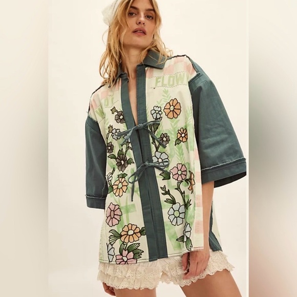 Free People Tops - Free People Floral Embroidered Top - Green and Blue